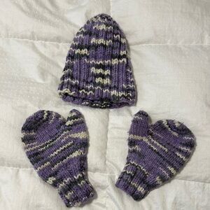 Homemade Purple and Gray Knit Hat and Mittens Wool Set